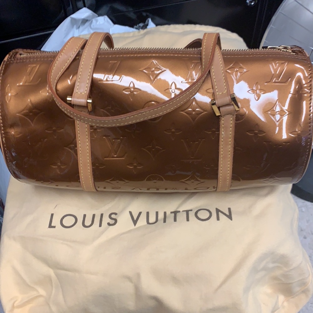 LV Papillon Monogram Barrel Bag in Bronze Vernis